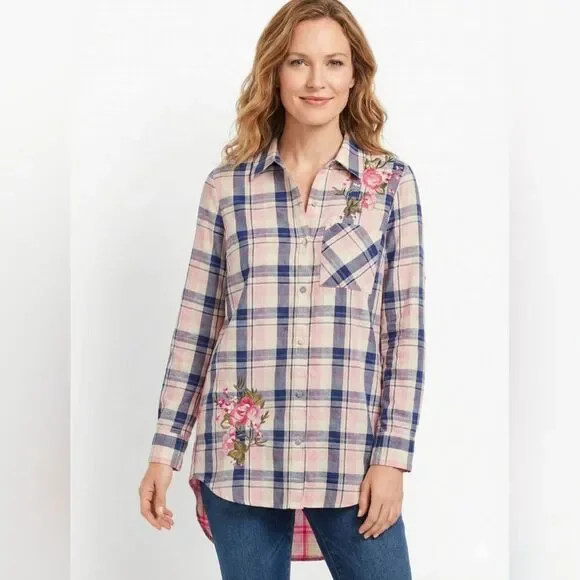 Soft Surroundings Plaid Floral Embroidered Button Down Tunic Small 100% Cotton - Picture 2 of 9